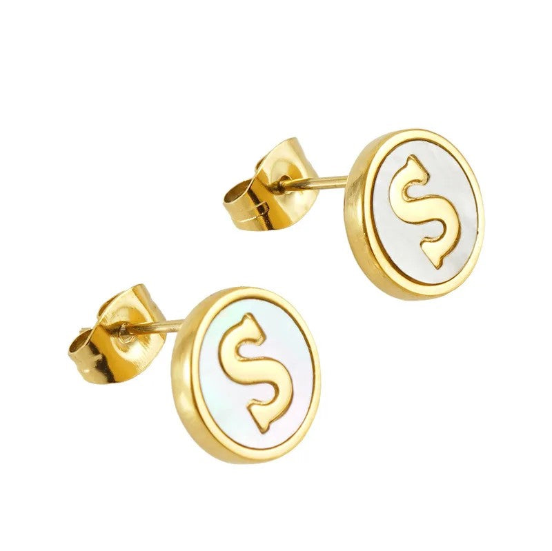 White Enamel Initial Letter Stud Earrings