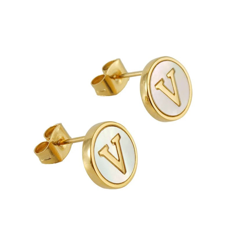 White Enamel Initial Letter Stud Earrings