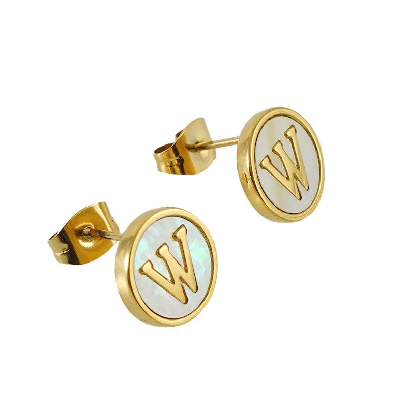 White Enamel Initial Letter Stud Earrings