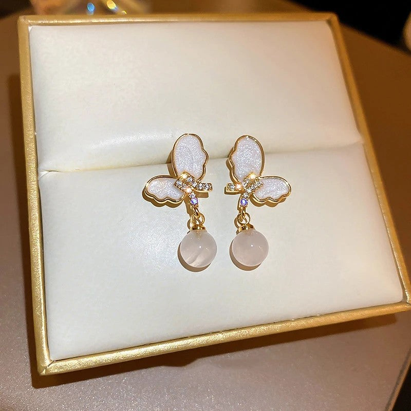 Opal Butterfly Pearl Drop Earrings