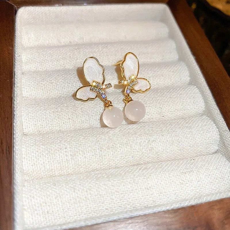 Opal Butterfly Pearl Drop Earrings