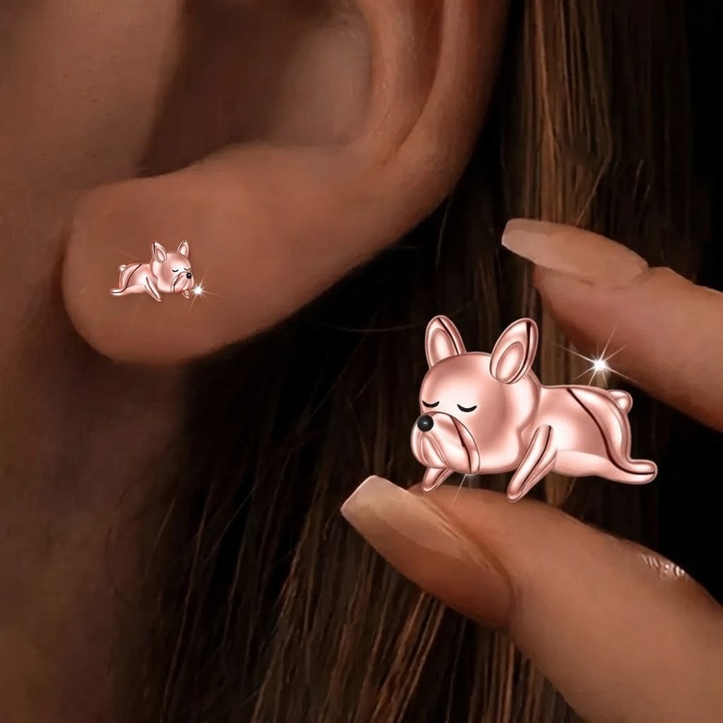 Rose Gold Lying Dog Stud Earrings