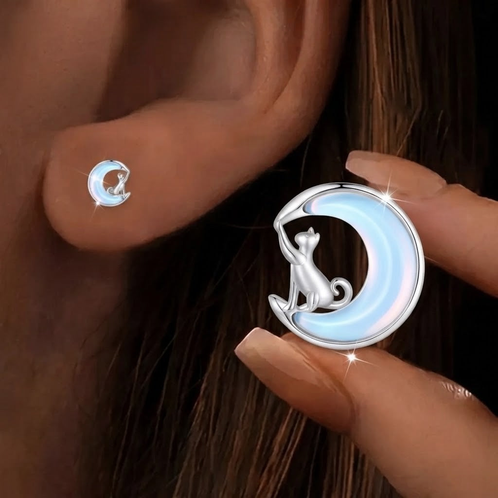 Opal Crescent Moon Cat Stud Earrings