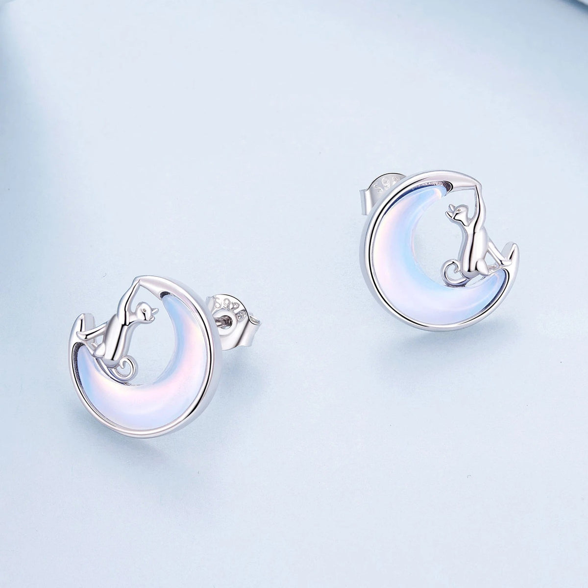 Opal Crescent Moon Cat Stud Earrings