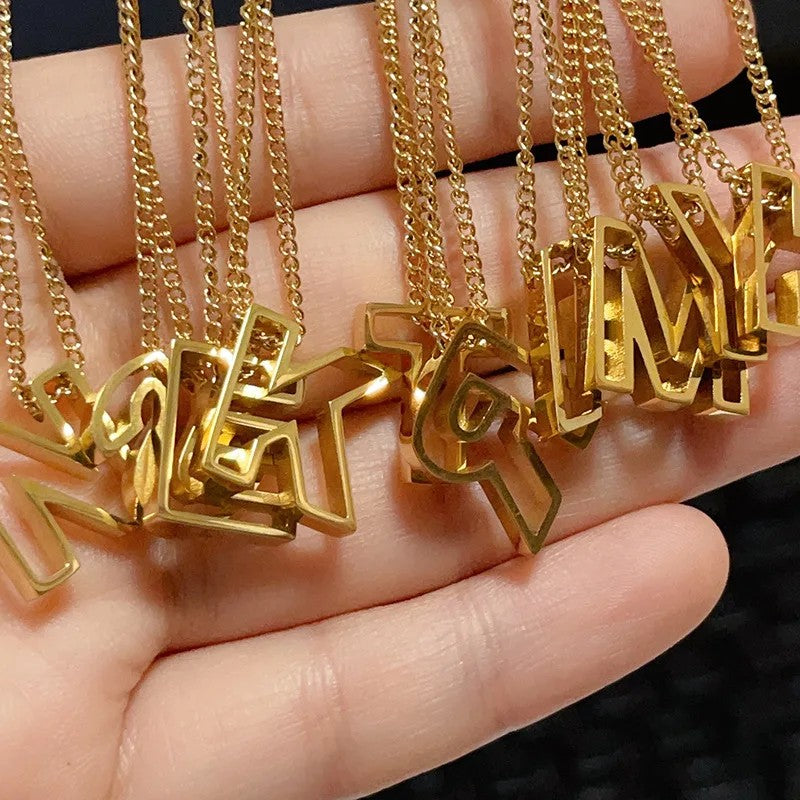 Hollow Block Letter Initial Necklace