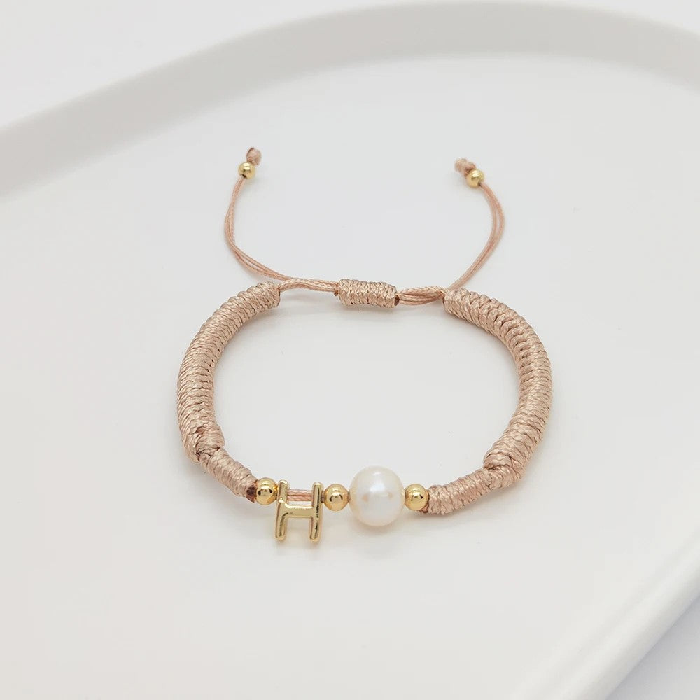 Pearl Initial Wax Cord Bracelet