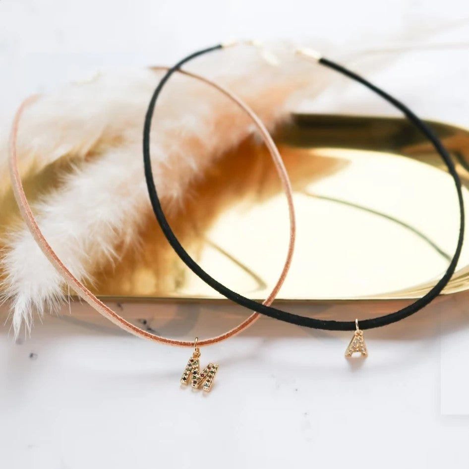 Crystal Initial Velvet Choker Necklace