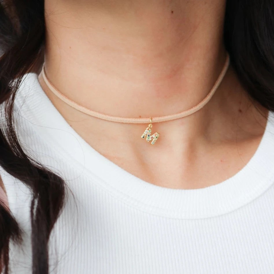 Crystal Initial Velvet Choker Necklace