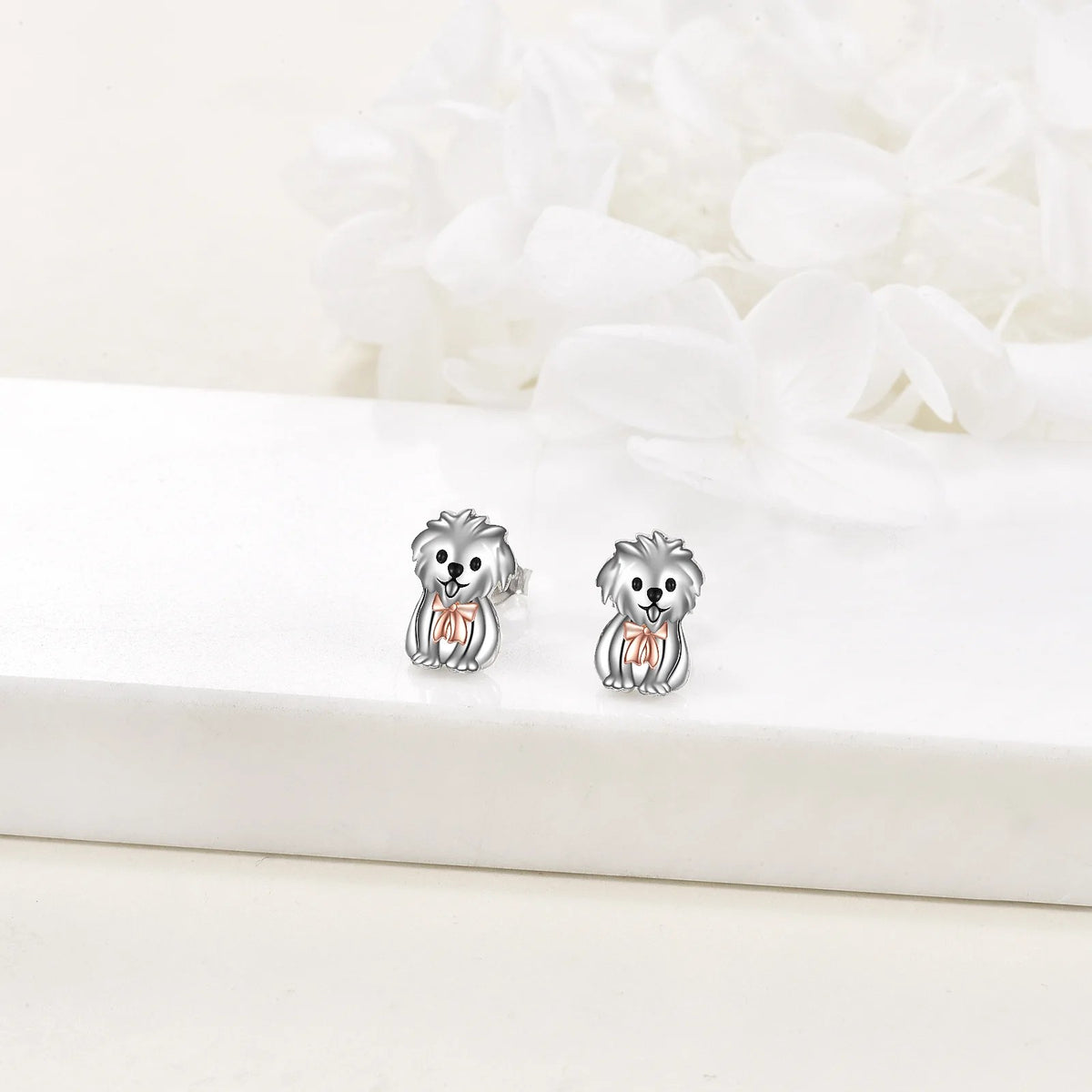 Rose Gold Bow Puppy Stud Earrings