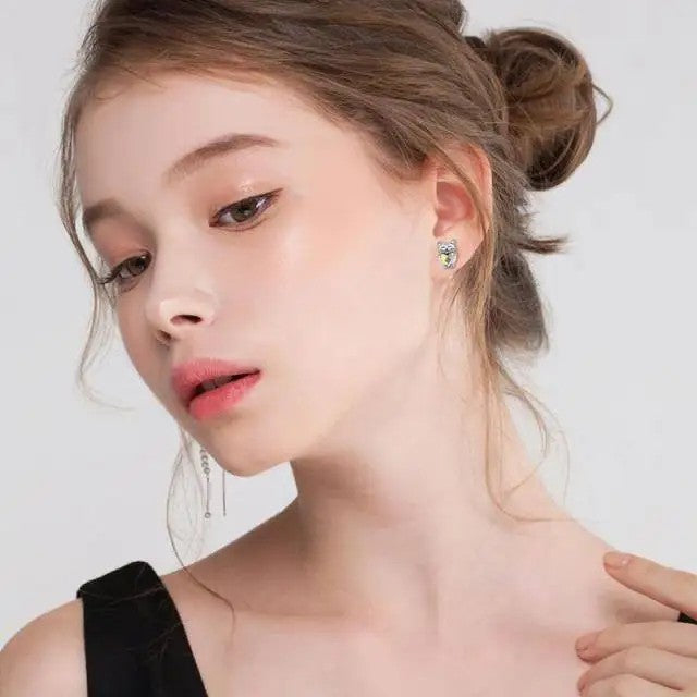 Smiling Cat Crystal Heart Stud Earrings