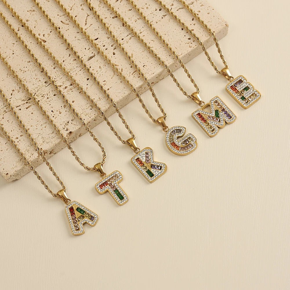 Multicolor Zircon Initial Pendant Necklace