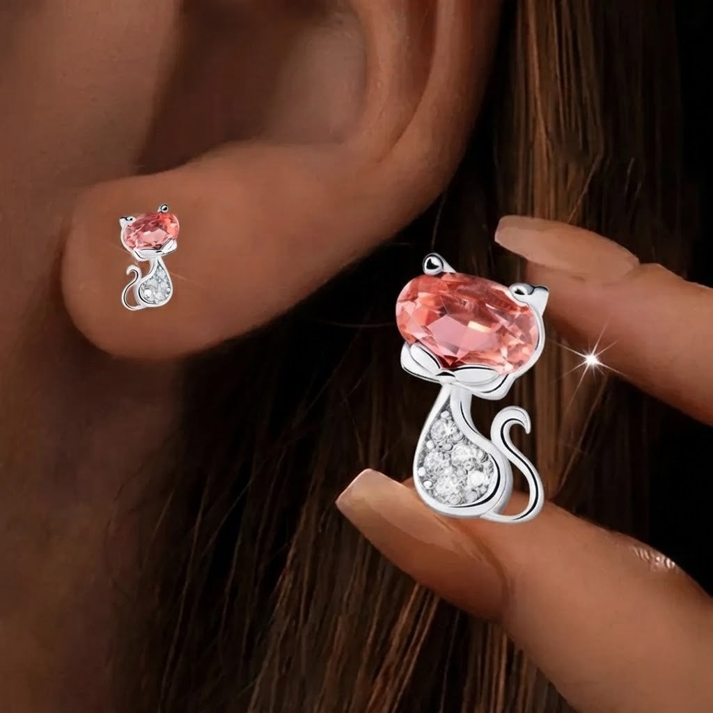 Peach Zircon Cat Stud Earrings