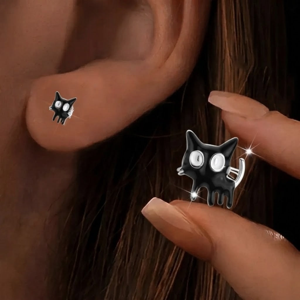 Asymmetrical Black & White Cat Stud Earrings