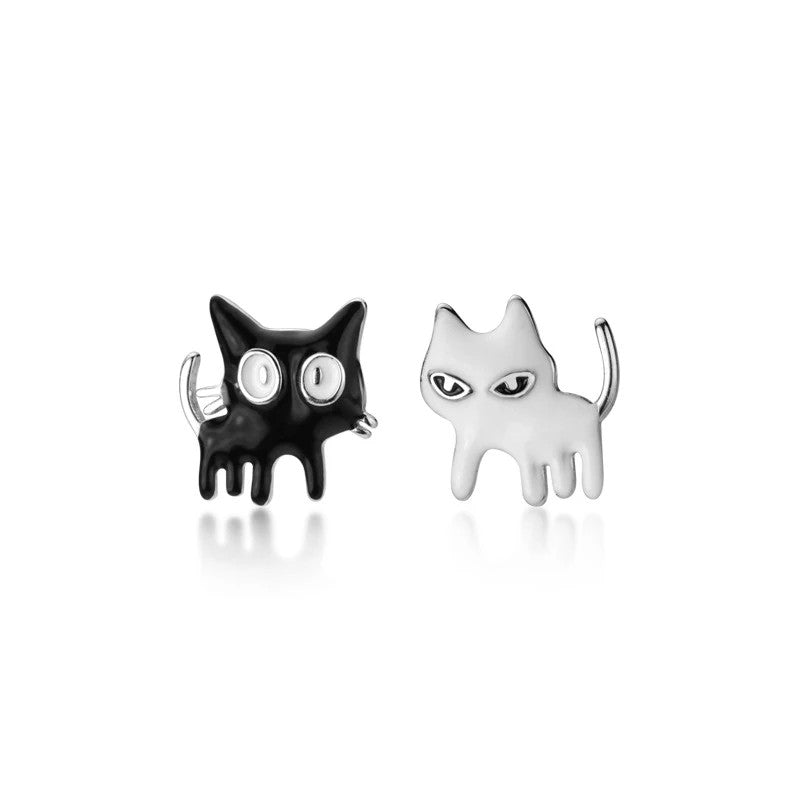 Asymmetrical Black & White Cat Stud Earrings