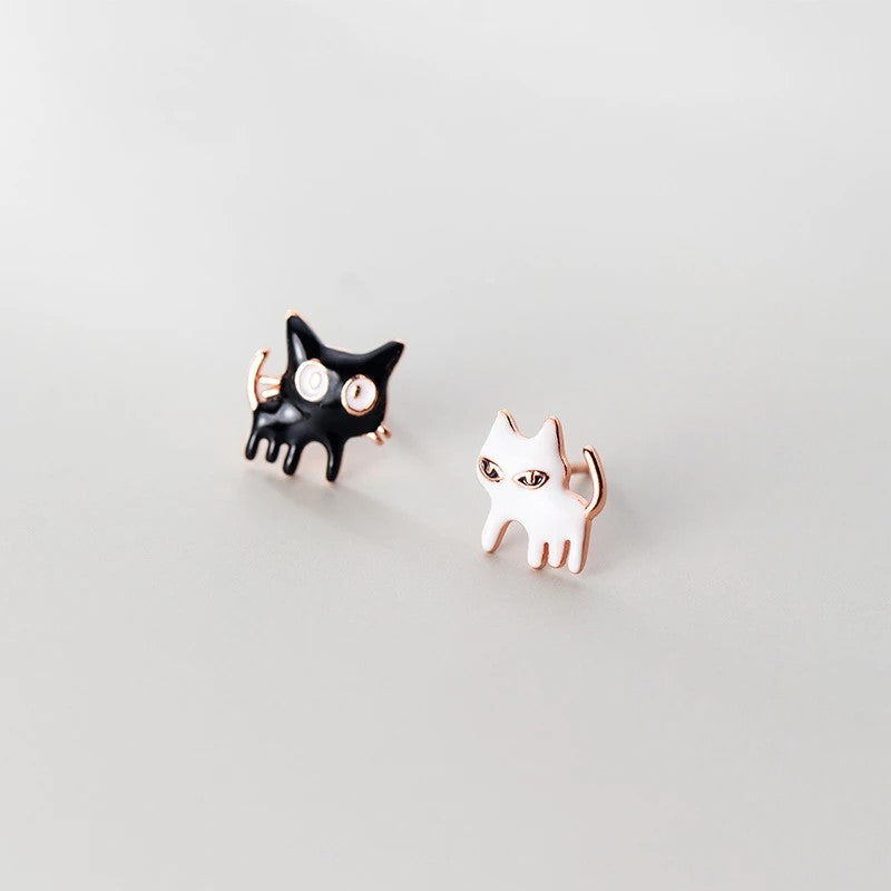 Asymmetrical Black & White Cat Stud Earrings