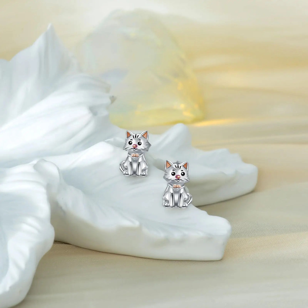 Rose Gold Bow Cat Stud Earrings