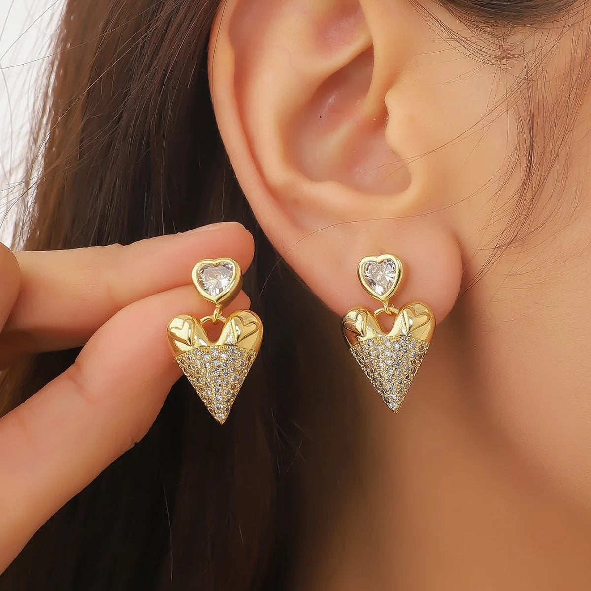Paved Heart Drop Earrings