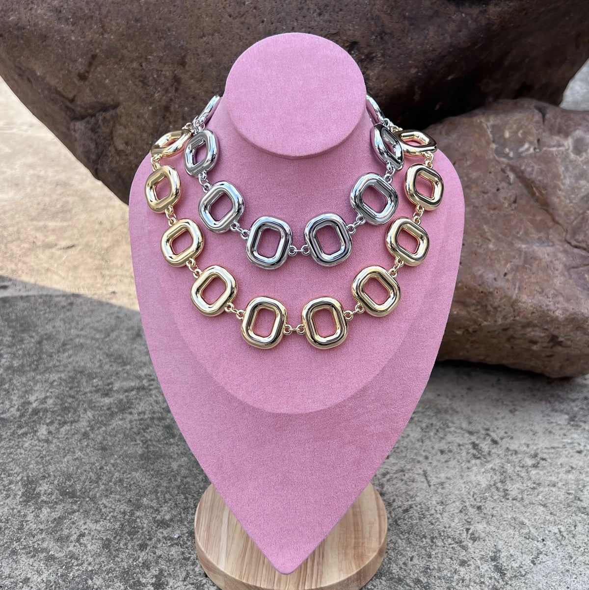 Two-Tone Rectangular Link Necklace