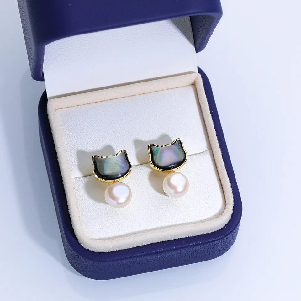 Cat Shell Pearl Earrings