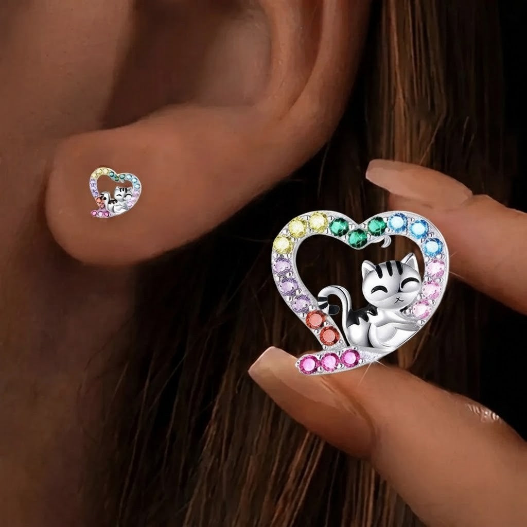Multicolor Zircon Cat Heart Stud Earrings