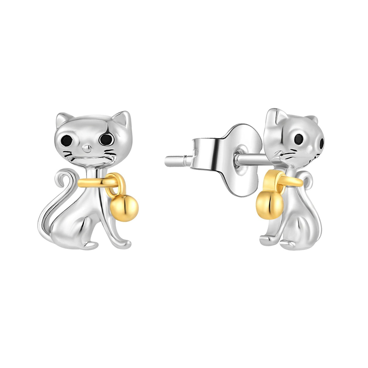Two-Tone Cat with Bell Stud Earrings
