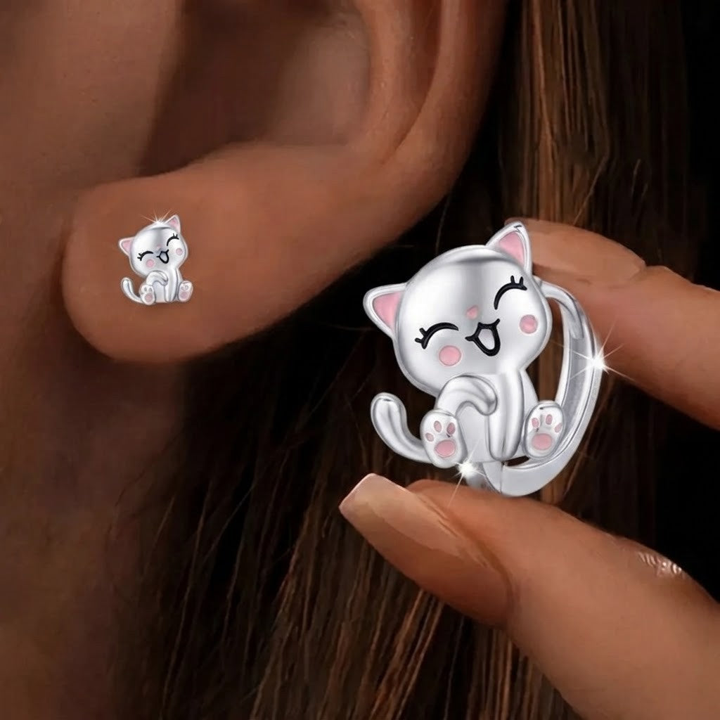 Pink Enamel Cat Hoop Earrings