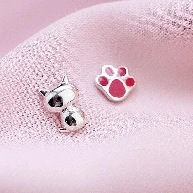 Cat & Red Paw Stud Earrings