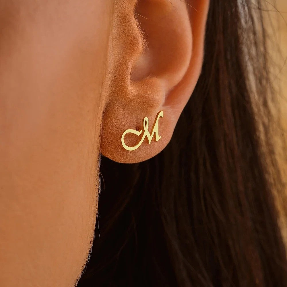 Script Initial Stud Earrings