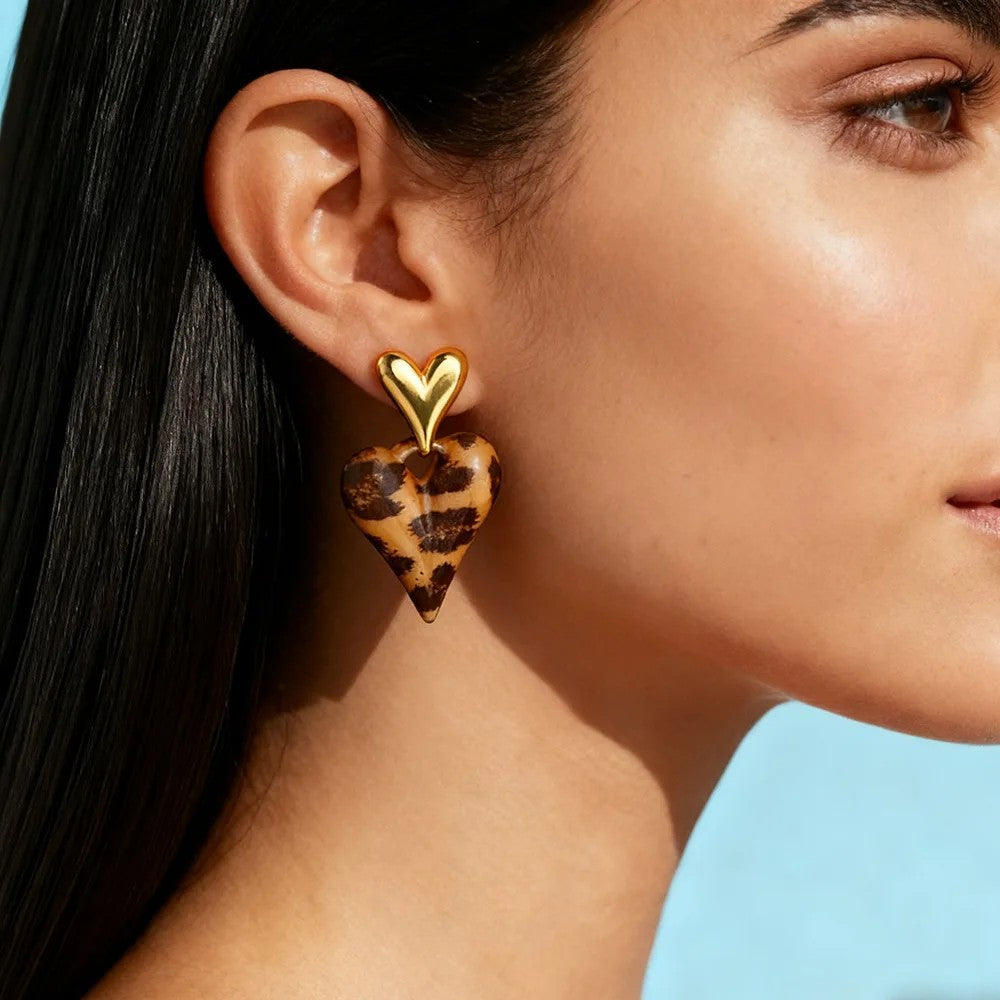Leopard Print Heart Drop Earrings