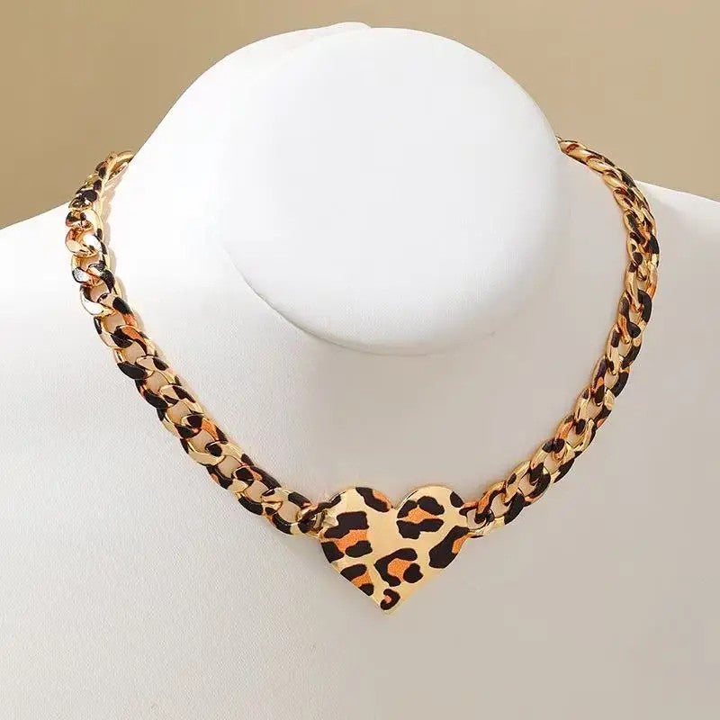 Leopard Print Heart Link Necklace