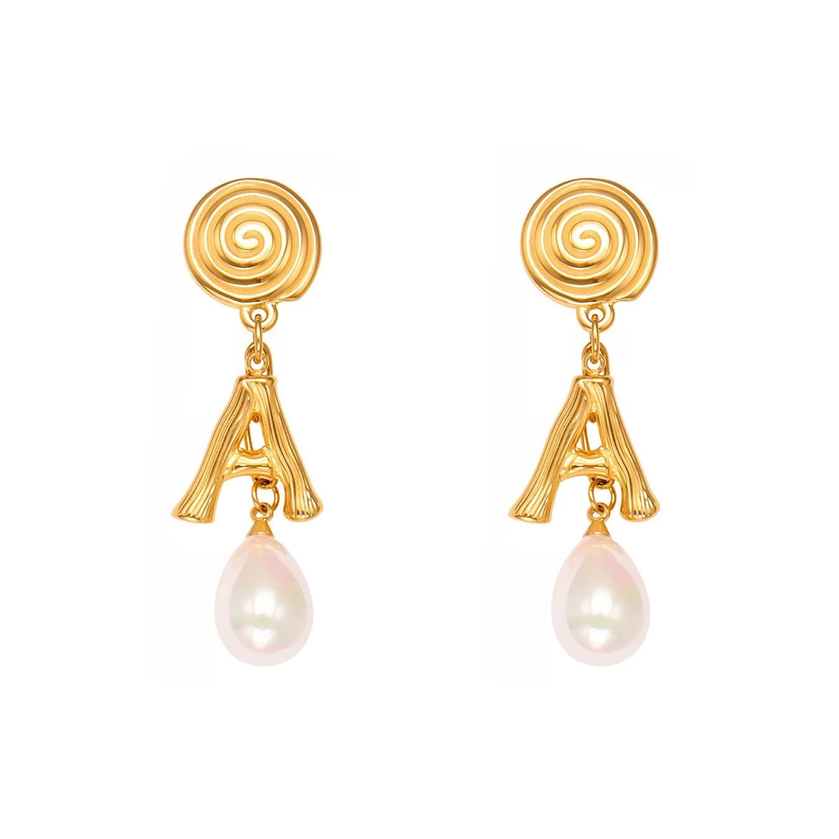 Spiral Initial A Pearl Drop Earrings