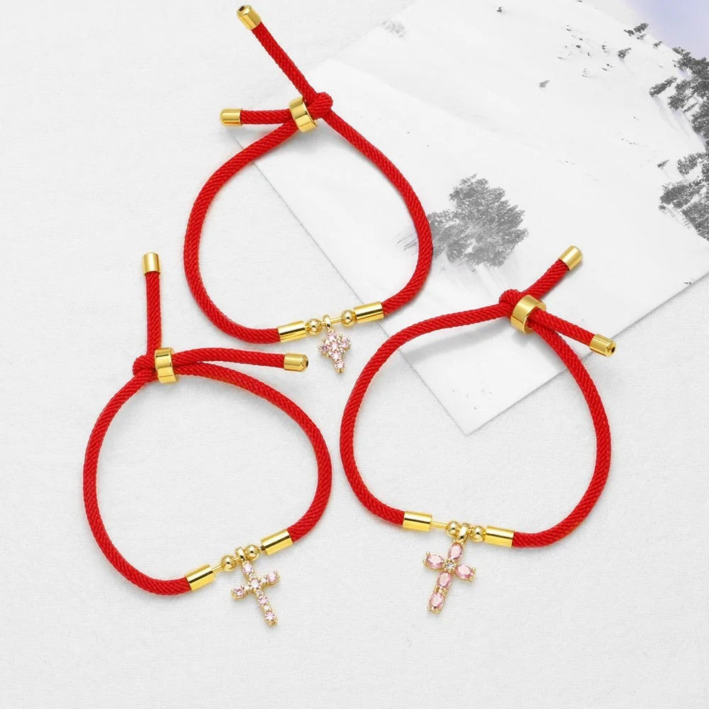 Pink Crystal Cross Red Rope Bracelet