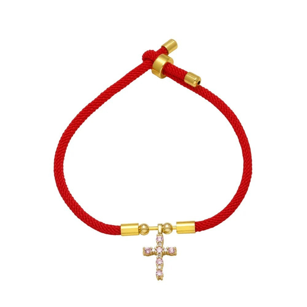 Pink Crystal Cross Red Rope Bracelet