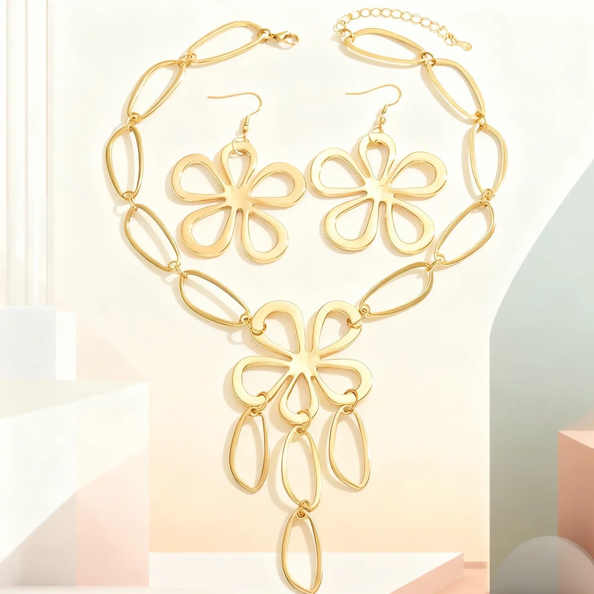 Hollow Flower Oval Link Necklace & Earring Set