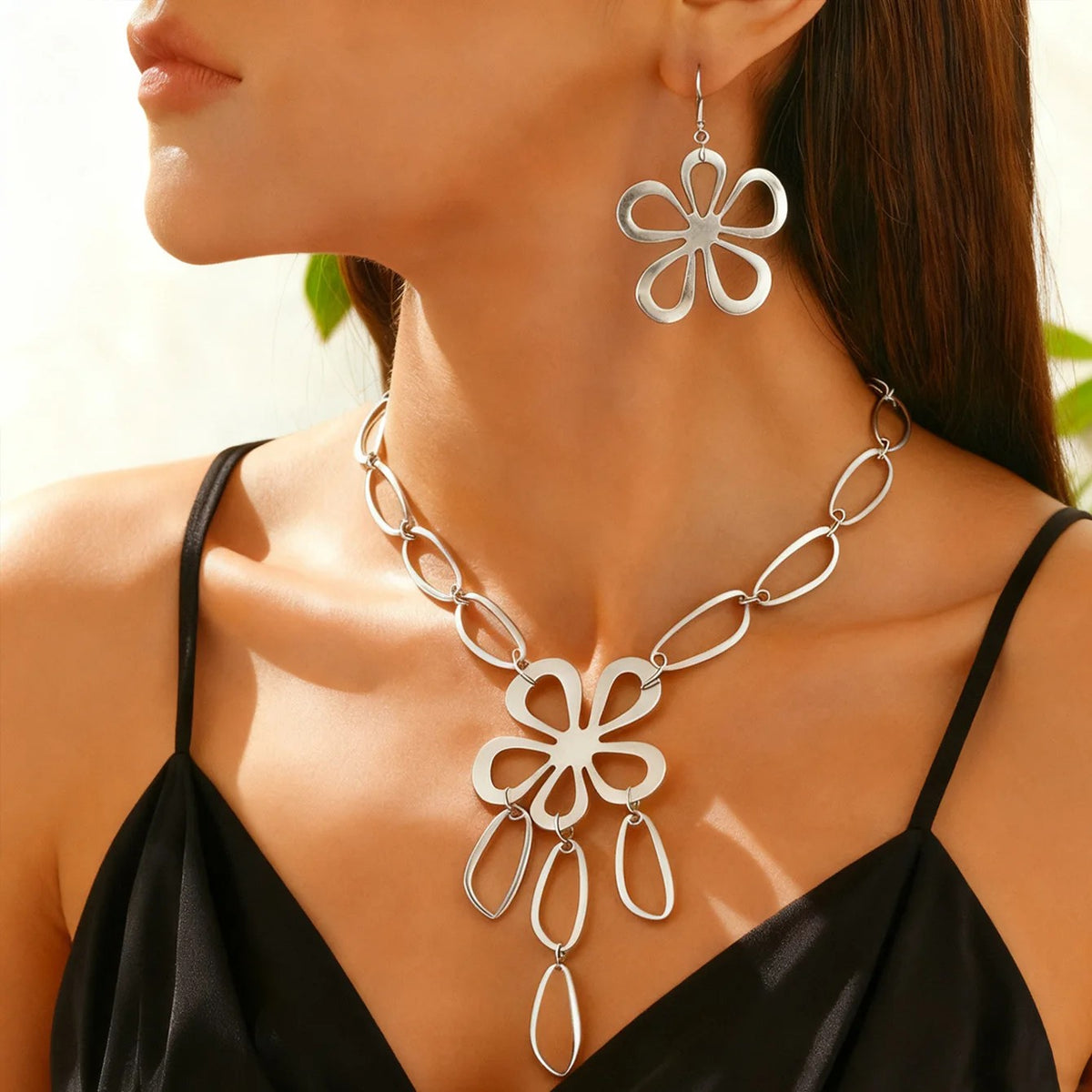 Hollow Flower Oval Link Necklace & Earring Set