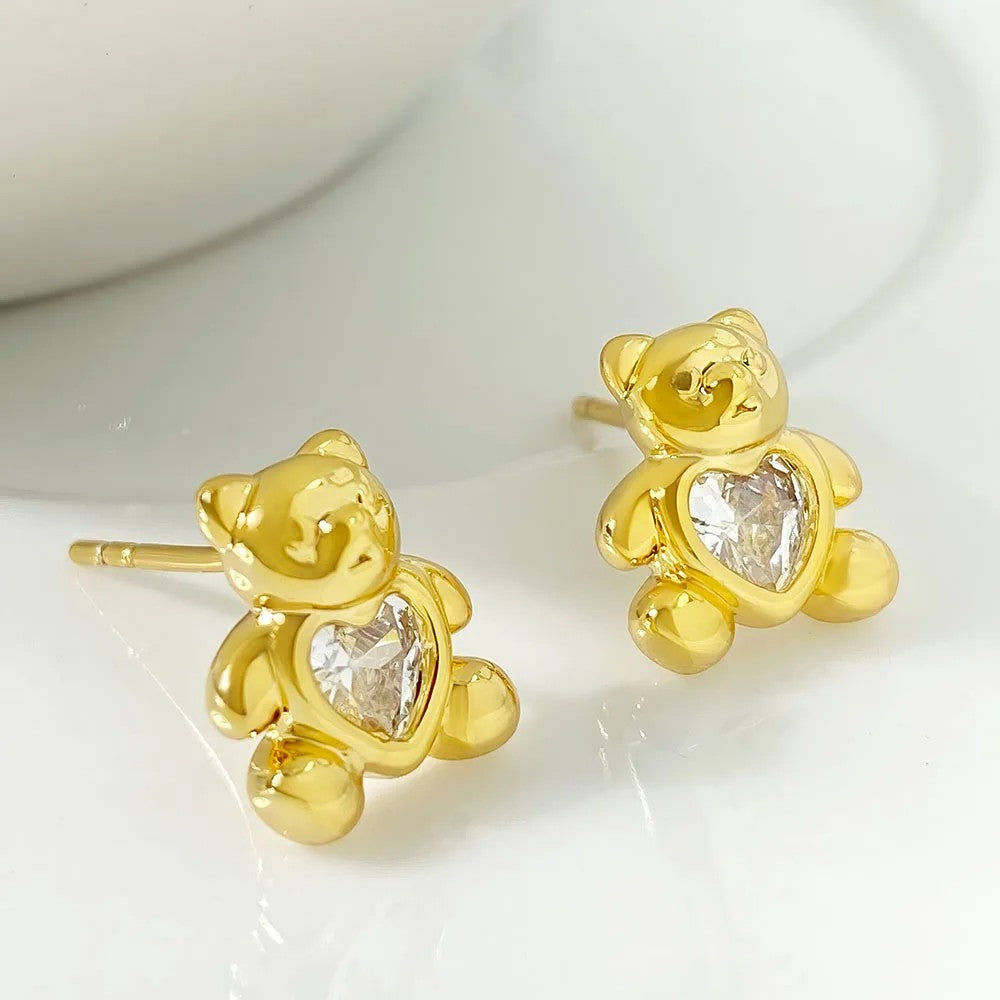 Heart Bear Zircon Stud Earrings