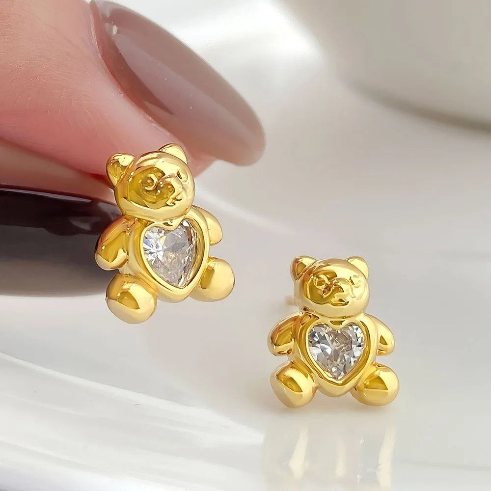 Heart Bear Zircon Stud Earrings