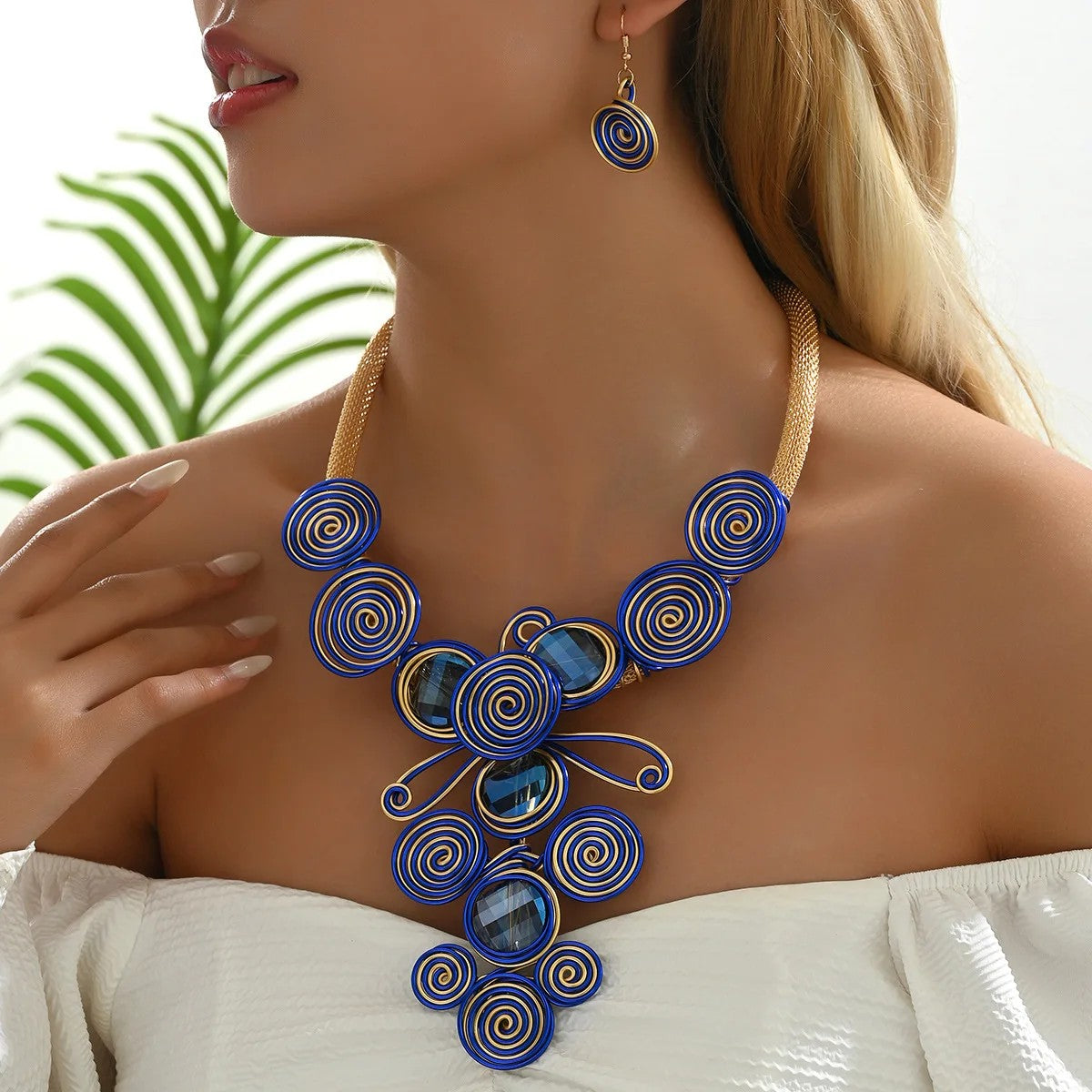 Blue Spiral Statement Necklace