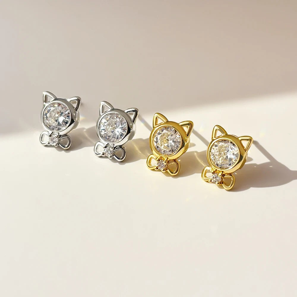 Cat Crystal Bow Stud Earrings