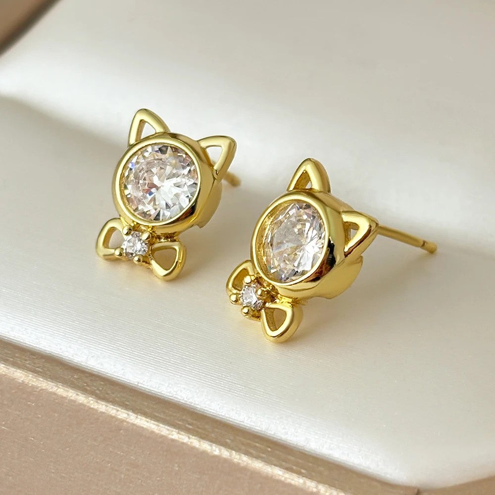 Cat Crystal Bow Stud Earrings