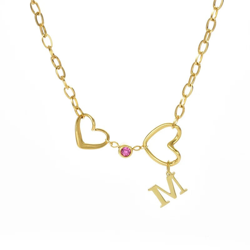 Double Heart Initial Birthstone Necklace