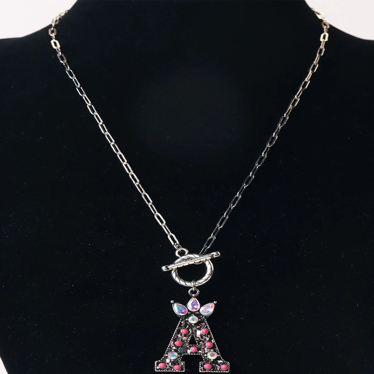 Antique Silver Crystal Initial Necklace