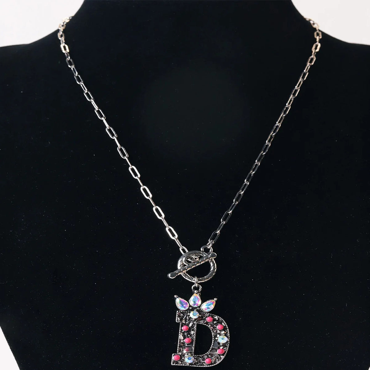 Antique Silver Crystal Initial Necklace
