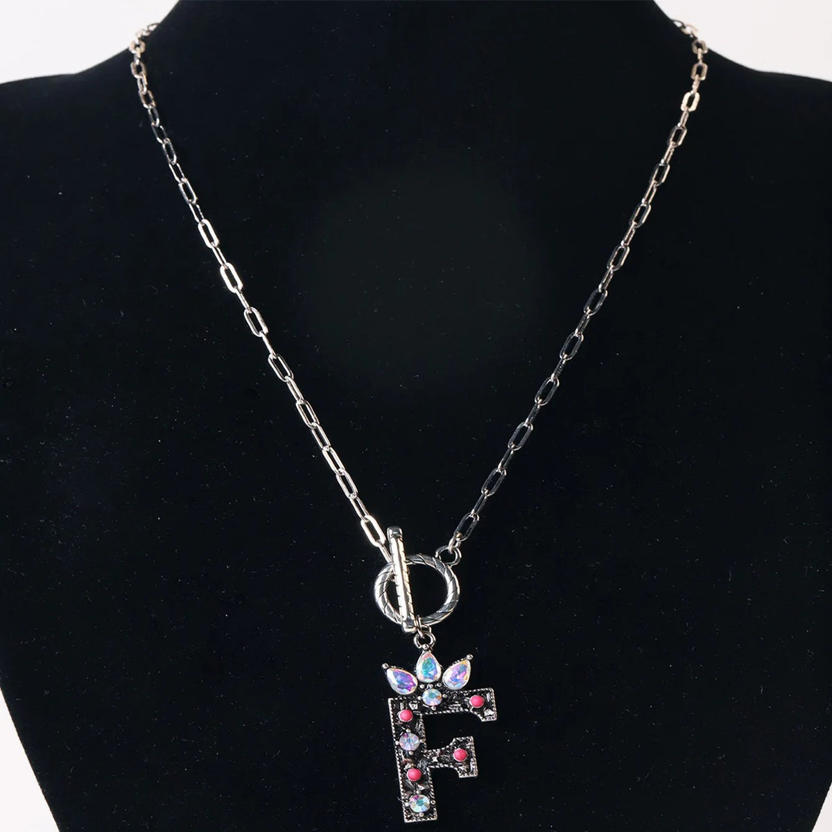 Antique Silver Crystal Initial Necklace