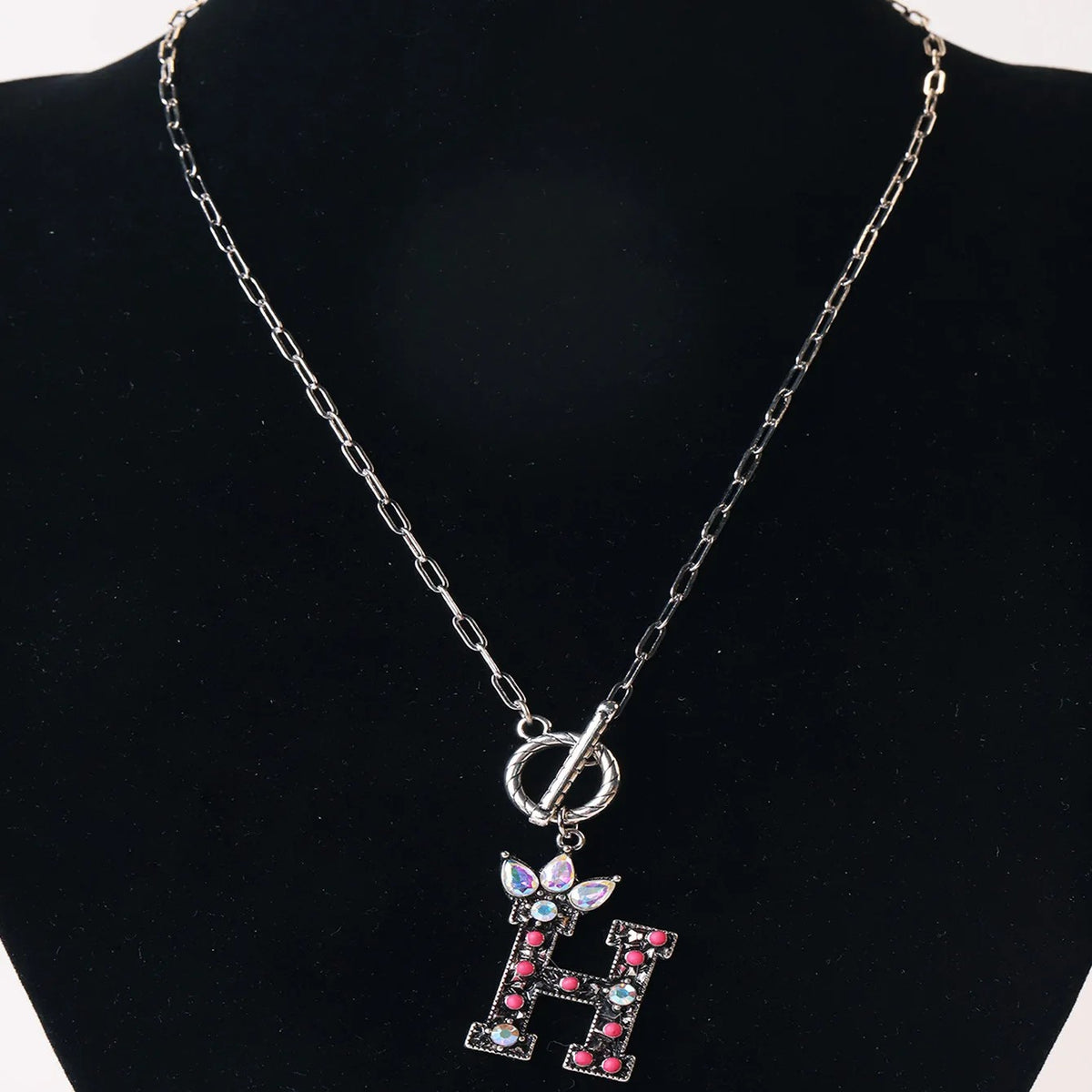 Antique Silver Crystal Initial Necklace