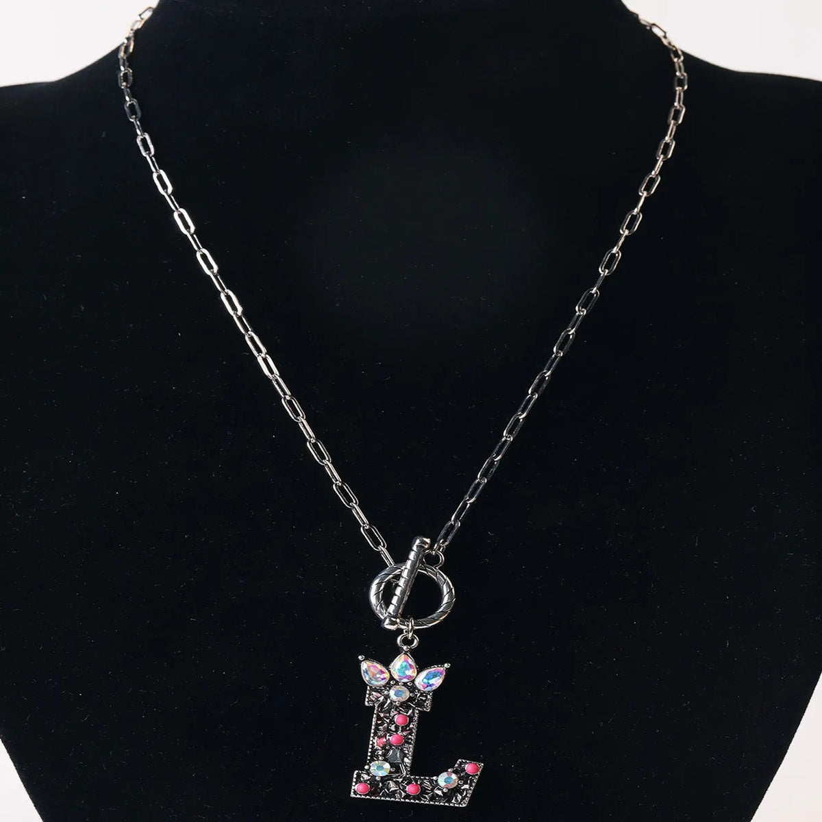Antique Silver Crystal Initial Necklace