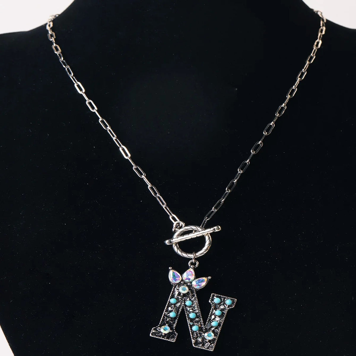 Antique Silver Crystal Initial Necklace