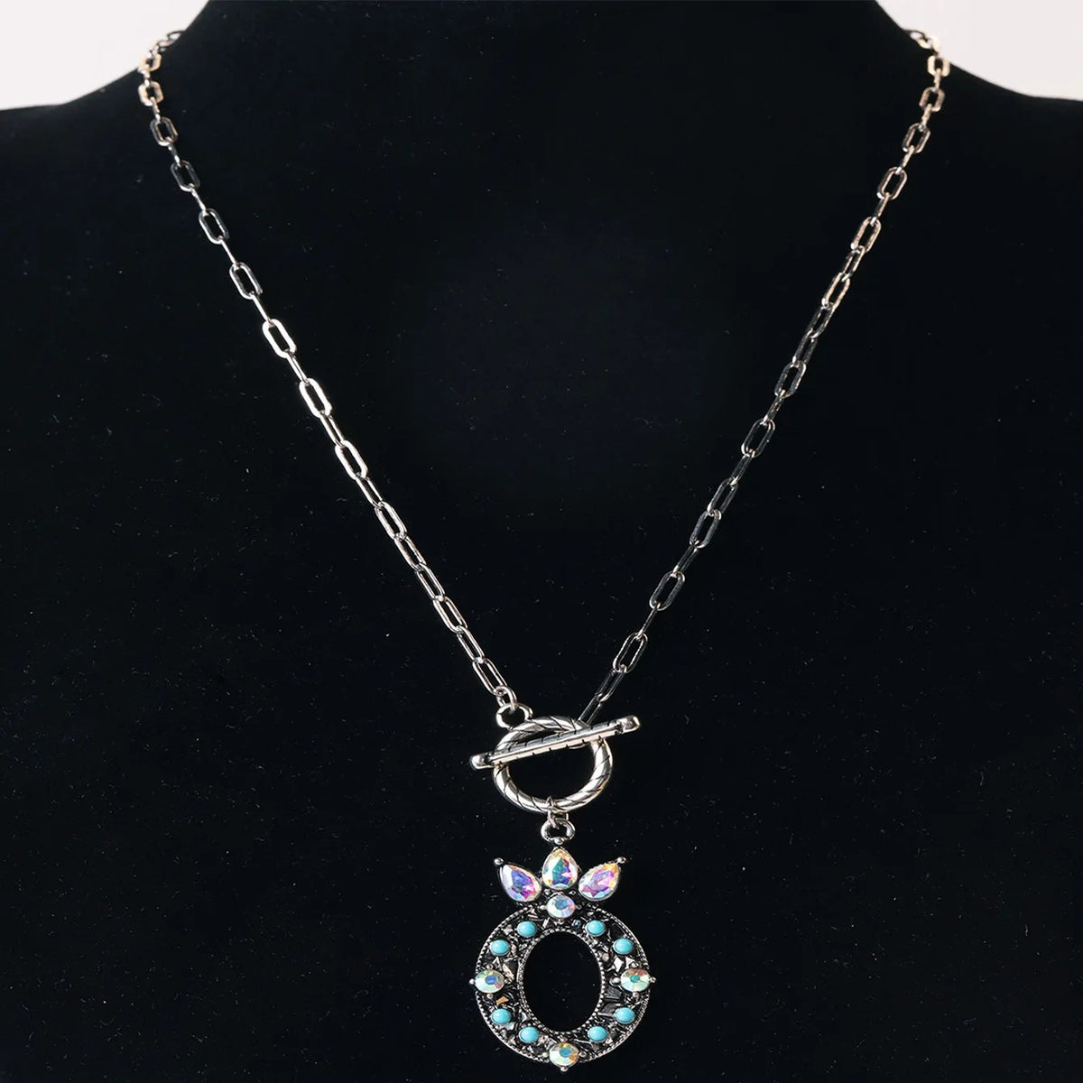 Antique Silver Crystal Initial Necklace