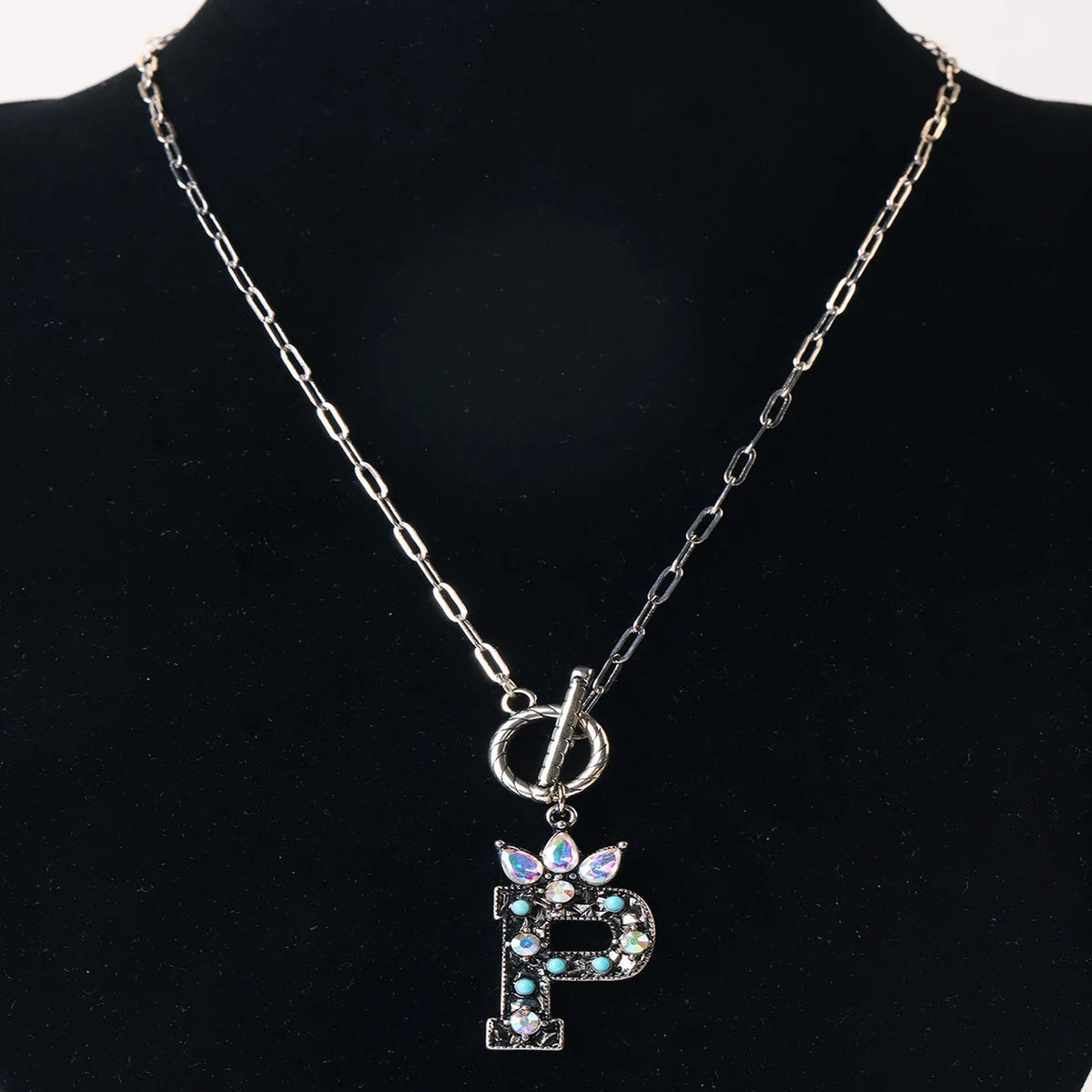 Antique Silver Crystal Initial Necklace