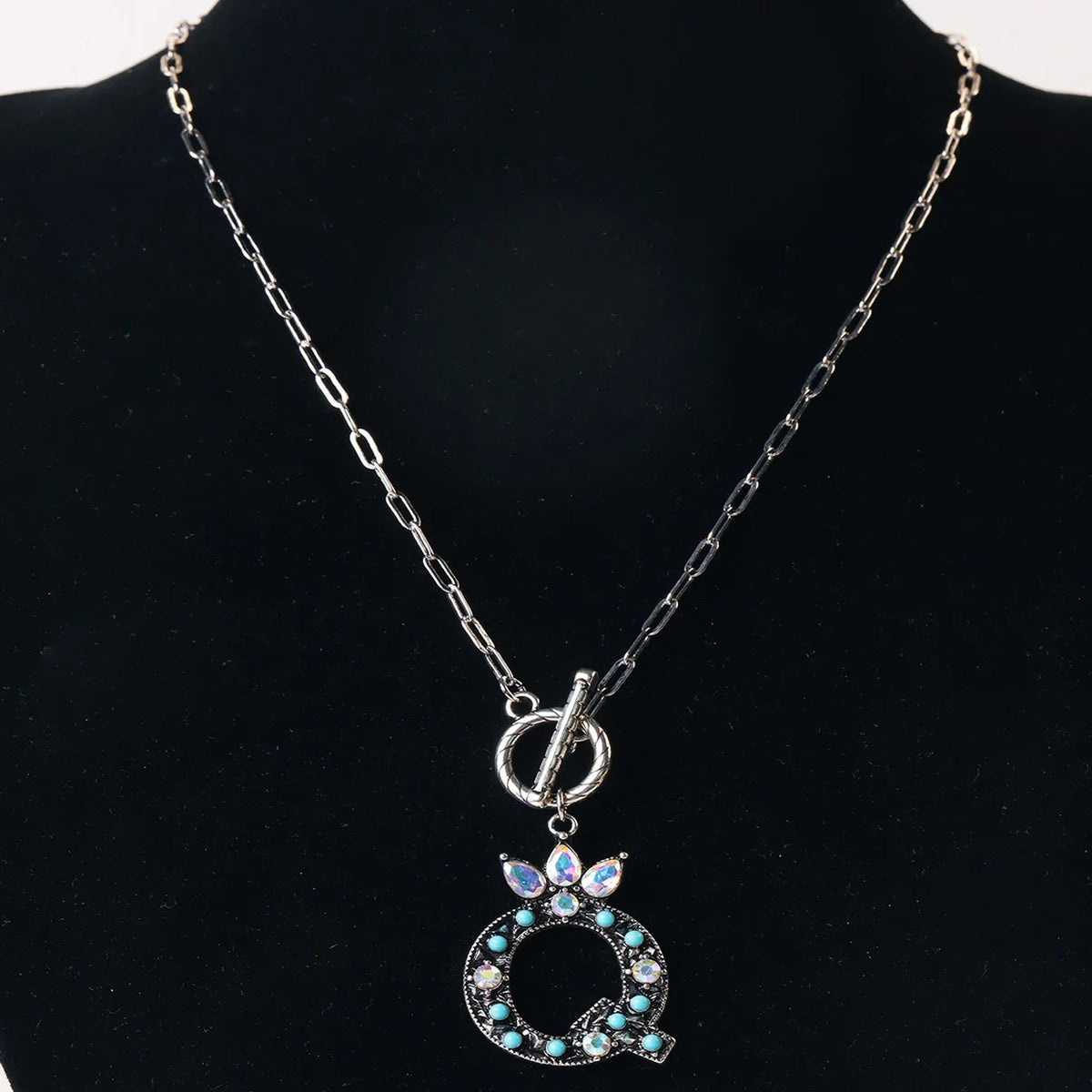 Antique Silver Crystal Initial Necklace